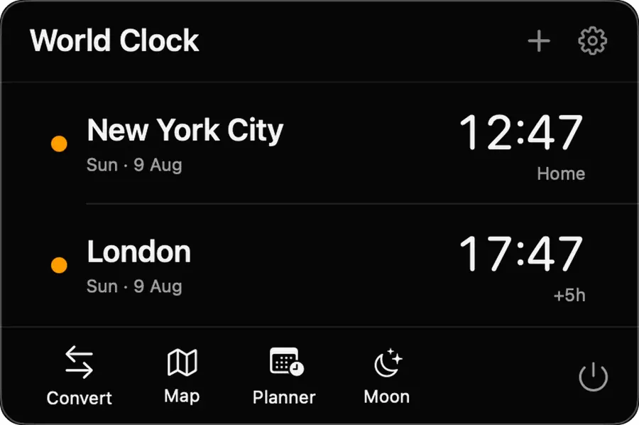 Simply Zone world clock popover showing New York City and London